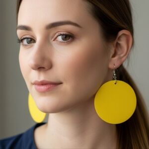 Retro Big Round Circle Wood Dangle Earrings African Style Handmade yellow Color